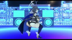 1girl 3d animated ass ass_shake audible_music bare_shoulders blue_eyes blue_hair boots bouncing_ass bouncing_breasts breasts detached_sleeves high_heels holocouncil hololive hololive_english holopromise huge_ass jiggle kronii_twerking_(meme) large_breasts looking_back music ouro_kronii shiny_skin short_hair sideboob smile solo sound squatting stage stage_lights sweat the3ndergamer thighhighs thighs twerking underboob video virtual_youtuber vrchat