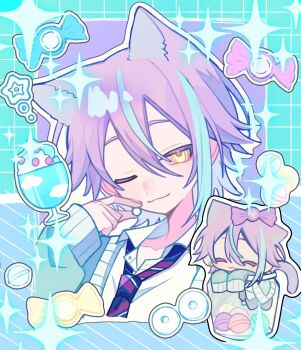 animal_ears blue_hair blue_sweater bow candy cat_boy cat_ears cat_tail chibi closed_eyes collared_shirt commentary cropped_torso double-parted_bangs food glass hair_between_eyes hair_bow highres holding holding_candy holding_food ice_cream ice_cream_float kamishiro_rui kemonomimi_mode multicolored_hair multicolored_necktie multiple_views necktie one_eye_closed open_collar pastel_colors project_sekai purple_hair school_uniform shirt sleeves_past_fingers sleeves_past_wrists sparkle streaked_hair striped_clothes striped_necktie sweater tail uu_22233