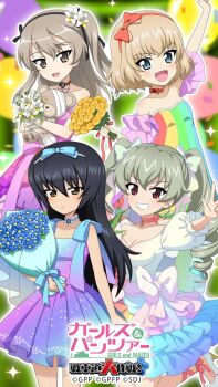 4girls anchovy_(girls_und_panzer) ankle_ribbon anzio_(emblem) balloon bare_arms bare_legs bare_shoulders black_hair black_ribbon blonde_hair blue_bow blue_choker blue_eyes blue_flower blue_ribbon blurry blush boko_(girls_und_panzer) bouquet bow breasts brown_eyes brown_hair choker cleavage clenched_hand collarbone confetti copyright_name daisy_(flower) depth_of_field dress drill_hair emblem expressionless fang floral_print flower frilled_dress frills girls_und_panzer girls_und_panzer_senshadou_daisakusen! gradient_clothes gradient_dress green_background green_bow green_hair hair_between_eyes hair_bow hairband high-low_dress high_heels highres holding holding_bouquet holding_stuffed_toy katyusha_(girls_und_panzer) leg_ribbon legs long_hair looking_at_viewer medium_hair multiple_girls official_art official_wallpaper one_side_up ooarai_(emblem) open_mouth outstretched_hand pink_background pink_choker pink_flower pink_ribbon pleated_dress pravda_(emblem) puffy_sleeves purple_bow rainbow_dress rainbow_gradient red_bow red_eyes reizei_mako ribbon see-through_clothes see-through_sleeves shimada_arisu shoes short_dress short_hair sleeveless sleeveless_dress smile sparkle_print st._gloriana&#039;s_(emblem) standing standing_on_one_leg strapless strapless_dress stuffed_animal stuffed_toy thighs tulip twin_drills w white_flower white_shoes yellow_flower