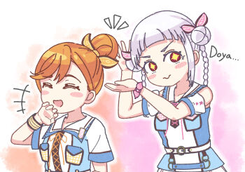 +++ +_+ 2girls :d ^_^ arashi_chisato bad_tag bare_shoulders blue_shirt blush closed_eyes collarbone commentary_request costume_request double_bun gradient_background hair_bun highres love_live! love_live!_superstar!! multiple_girls official_alternate_costume open_mouth orange_background orange_hair pink_background pink_eyes shibuya_kanon shirt short_sleeves single_hair_bun sleeveless sleeveless_shirt smile totsumotsu two-tone_background upper_body v-shaped_eyebrows white_hair