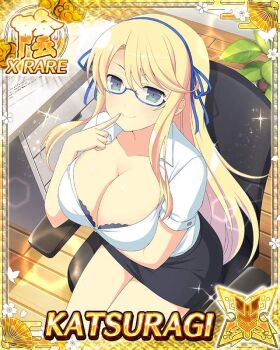 1girl arm_under_breasts blonde_hair blue_ribbon breasts card_(medium) chair cleavage closed_mouth finger_to_mouth formal_clothes game_cg glasses green_eyes hair_ribbon indoors katsuragi_(senran_kagura) large_breasts long_hair non-web_source office office_chair office_lady official_alternate_costume official_art pencil_skirt ribbon senran_kagura senran_kagura_new_wave skirt skirt_suit smile smug solo sparkle suit swivel_chair