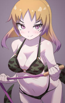 1girl absurdres adapted_costume african_rock_python_(kemono_friends) alternate_costume bare_shoulders bikini blonde_hair blush collarbone cowboy_shot gradient_hair green_bikini hair_between_eyes highres kemono_friends long_hair looking_at_viewer lowlandgorilla multicolored_hair print_bikini purple_eyes purple_hair sidelocks sleeveless smile snake_girl snake_print snake_tail solo spaghetti_strap swimsuit tail whip