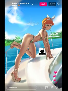 1girl artist_logo ben_10 bikini blush boat bracelet breasts cellphone choker earrings english_text female_focus full_body green_eyes gwen_tennyson heart high_heels highres hoop_earrings jewelry linkartoon logo looking_at_viewer orange_hair phone platform_footwear platform_heels platform_sandals sandals short_hair small_breasts solo swimsuit text_focus toes watercraft wedge_heels