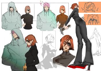 Rule 34 | 1boy, 1girl, absurdres, brown hair, chi88art, commentary, english commentary, eyepatch, hammer, highres, holding, holding hammer, hood, hooded jacket, itadori yuuji, jacket, jujutsu kaisen, jujutsu kaisen modulo, kugisaki nobara, lineart, pink hair, short hair, sketch, spiked hair