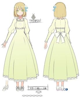 1girl back_bow blonde_hair blue_bow bow commentary_request constance_grail dress eris_no_seihai full_body green_dress hair_bow high_heels jewelry long_sleeves multiple_views necklace pendant shoes simple_background translation_request white_background white_bow white_shoes yuunagi_(seventh_heaven)