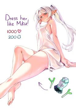 1girl absurdres barefoot blush commentary dress earrings elf english_commentary frieren green_eyes highres jewelry like_and_retweet long_hair looking_at_viewer machulanko pointy_ears sousou_no_frieren thighs white_background white_dress white_hair