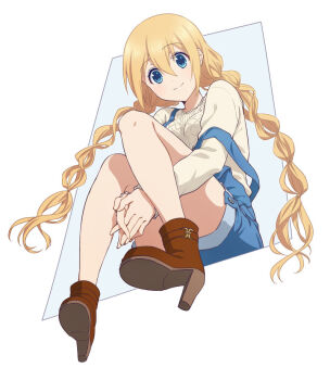 1girl blend_s blonde_hair blue_eyes braid breasts closed_mouth hair_between_eyes hinata_kaho large_breasts long_hair looking_at_viewer low_twin_braids overall_shorts overalls shirt smile solo twin_braids ushio_(0632cd-0729jf) very_long_hair