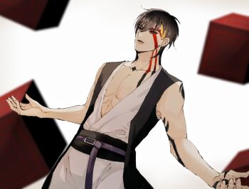 1boy arm_tattoo black_hair blonde_hair blurry blurry_background boruto:_two_blue_vortex chest_tattoo collarbone commentary_request cube eyebrow_piercing face_piercing facial_tattoo hair_between_eyes hand_tattoo highres ifevilwhyuhot japanese_clothes kawaki_(boruto) male_focus naruto_(series) neck_tattoo pectoral_cleavage pectorals piercing romaji_commentary solo tattoo upper_body