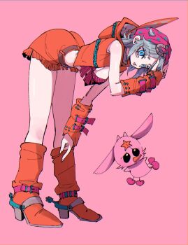 1girl bent_over blue_eyes boots breasts cowboy_boots full_body genderswap genderswap_(mtf) hat highres hood hoodie johnny_joestar jojo_no_kimyou_na_bouken lips looking_at_viewer medium_hair midriff simple_background skirt solo steel_ball_run tusk_(stand) tusk_act1 yuki_jj