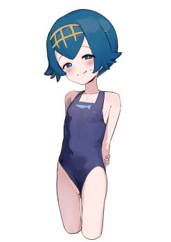 1girl :q arms_behind_back blue_eyes blue_hair blue_one-piece_swimsuit blush breasts bright_pupils closed_mouth clothing_aside collarbone covered_navel cropped_legs diu1 hairband lana_(pokemon) loli looking_at_viewer naughty_face one-piece_swimsuit pokemon pokemon_sun_and_moon pussy short_hair simple_background small_breasts smile solo sweat swimsuit swimsuit_aside tongue tongue_out white_background white_pupils yellow_hairband