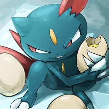 absurdres blue_fur claws cracked_egg egg gen_2_pokemon highres looking_to_the_side nintendo pokemon pokemon_(creature) red_eyes sitting sneasel solo spicyichizo