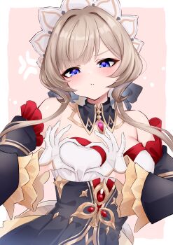 1girl absurdres black_corset blue_eyes blush breasts brown_hair closed_mouth corset detached_collar detached_sleeves dress four-finger_heart_hands genshin_impact gloves hair_ornament heart heart_hands highres large_breasts long_sleeves medium_hair pout sandrone_(genshin_impact) solo strapless strapless_dress tsubaki_batake white_dress white_gloves wide_sleeves