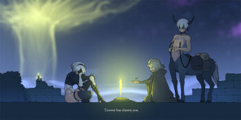 1boy 2b_(nier:automata) 2girls 9s_(nier:automata) black_choker black_footwear black_hairband blindfold boots brick_wall bush candle centaur choker closed_eyes commentary covered_eyes crossover elden_ring english_text erdtree_(elden_ring) facepalm from_side fromsoftware gloves hairband high_heel_boots high_heels highres horns horseshoe juliet_sleeves long_sleeves melina_(elden_ring) monster_boy monsterification multiple_girls namco nier:automata nier_(series) nipple_piercing piercing puffy_sleeves saddle short_hair site_of_grace sitting subtitled symbol-only_commentary tailbox taur thigh_boots thigh_strap torrent_(elden_ring) twiddling_fingers white_hair