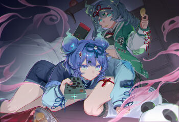 2girls absurdres aqua_eyes blue_eyes blue_hair breasts chips_(food) cleavage commentary_request controller crop_top double_bun earrings feet_out_of_frame food food-themed_hair_ornament food_in_mouth full_body green_jacket hair_between_eyes hair_bun hair_ornament hao_(vocaloid) hatsune_miku heart heart_hair_ornament highres holding holding_controller holding_remote_control ice_cream_hair_ornament indoors jacket jewelry kneeling legs long_sleeves looking_at_viewer medium_hair multiple_girls on_floor open_clothes open_jacket panda_hair_ornament remote_control shibuya_(kurokamishain) thighs vocaloid x_hair_ornament