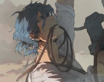 Rule 34 | 1boy, adam's apple, alternate costume, alternate hairstyle, arm up, bleach, blue eyeliner, blue eyes, blue hair, braid, cloud, commentary, earclip, english commentary, eyeliner, from side, gloves, grimmjow jaegerjaquez, looking up, makeup, male focus, mouth hold, peppertea, ponytail, rope, shirt, short hair, short ponytail, single braid, sky, twitter username, white gloves, white shirt