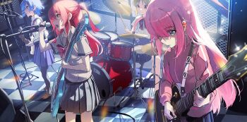 4girls ahoge amplifier bass_guitar blonde_hair blue_eyes blue_hair bocchi_the_rock! cable commentary cymbals daniel_deng detached_ahoge drum drumsticks electric_guitar english_commentary fender_precision_bass gibson_les_paul gotoh_hitori green_eyes guitar holding holding_drumsticks holding_microphone ijichi_nijika instrument jacket kita_ikuyo long_hair microphone microphone_stand mole mole_under_eye multiple_girls music one_side_up open_mouth pantyhose pink_hair pink_jacket pink_track_suit playing_bass_guitar playing_guitar playing_instrument pleated_skirt red_hair school_uniform shimokitazawa_high_school_uniform short_hair shuka_high_school_uniform side_ponytail singing sitting skirt smile stage standing tile_floor tiles track_jacket track_suit yamada_ryo yellow_eyes