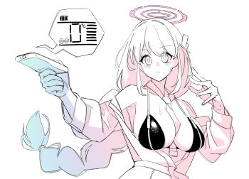 1girl between_breasts bikini black_bikini blue_archive blush braid breasts closed_mouth controller eimi_(blue_archive) frown hair_ornament halo hashtag-only_commentary highres holding holding_remote_control hot jacket jshnimzz large_breasts long_hair looking_at_viewer necktie necktie_between_breasts off_shoulder partially_colored pink_halo remote_control simple_background single_braid solo sweat swimsuit upper_body very_long_hair white_background zipper_bikini