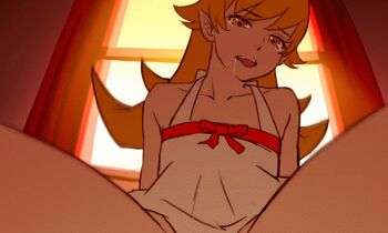 10s 1girl animated animated_gif arm_support artist_name as109 bad_id bad_pixiv_id bakemonogatari bare_shoulders blonde_hair bow collarbone cowgirl_position curtains dress drooling fangs flat_chest from_below girl_on_top head_tilt implied_sex loli long_hair looking_at_viewer looking_down looping_animation md5_mismatch monogatari_(series) nisemonogatari no_panties open_mouth oshino_shinobu out-of-frame_censoring pointy_ears pov red_bow resolution_mismatch saliva sex sexually_suggestive solo spread_legs straddling sundress sunset tears thighhighs thighs ugoira white_dress window yellow_eyes