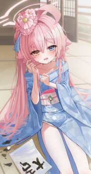 Rule 34 | 1girl, absurdres, ahoge, bare shoulders, blue archive, blue eyes, blue kimono, blush, breasts, calligraphy, calligraphy brush, chii (k ung), commentary request, flower, hair flower, hair ornament, halo, heterochromia, highres, hoshino (blue archive), indoors, japanese clothes, kimono, long hair, looking at viewer, off shoulder, open mouth, paintbrush, panties, pink hair, pink halo, sash, side slit, small breasts, smile, solo, tatami, underwear, very long hair, white panties, white sash, yellow eyes