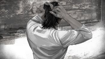 Rule 34 | 1boy, frimomen (voicepeak), from behind, greyscale, hands on own head, highres, j1u zzz, male focus, manly, medium hair, monochrome, muscular, muscular male, official art, outdoors, road, shirt, solo focus, street, synthesizer v, tying, tying hair, white shirt, wolf cut