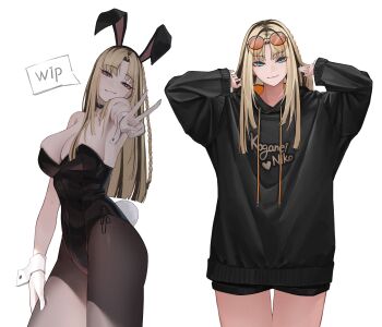 absurdres animal_ears black_hair black_hoodie black_leotard black_pantyhose black_shorts black_streaks blonde_hair blue_eyes braid breasts detached_sleeves edwin62293123 fake_animal_ears fake_tail fang highres hololive hololive_dev_is hood hoodie koganei_niko large_breasts leotard long_hair multicolored_hair multiple_views pantyhose playboy_bunny rabbit_ears rabbit_tail shorts side_braid simple_background single_braid skin_fang streaked_hair sunglasses tail v virtual_youtuber white_background