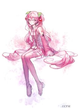 1girl arm_tattoo bare_shoulders blush boots breasts cherry_hair_ornament collarbone collared_shirt commentary_request detached_sleeves floral_print flower food-themed_hair_ornament full_body hair_between_eyes hair_ornament hatsune_miku headset highres long_hair long_sleeves looking_at_viewer medium_breasts miniskirt necktie number_tattoo official_alternate_costume parted_lips pink_eyes pink_hair pink_necktie pink_skirt pipi_(pipinavigation) pleated_skirt sakura_miku shirt sitting skirt sleeveless sleeveless_shirt smile solo tattoo thigh_boots tie_clip twintails very_long_hair vocaloid white_trim wide_sleeves