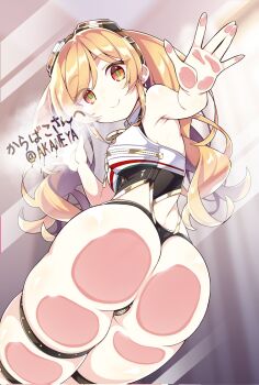 1girl against_glass akaneya armpits artist_name ass ass_focus ass_on_glass ass_press azur_lane blonde_hair breast_zipper breasts commentary_request commission crotch_zipper from_below goggles goggles_on_head green_eyes hand_on_glass highres huge_ass leonardo_da_vinci_(azur_lane) long_hair looking_at_viewer medium_breasts multicolored_eyes off_shoulder orange_eyes panties revealing_clothes second-party_source skeb_commission smile solo swept_bangs thigh_strap thighs thong twintails twitter_username underwear wide_hips zipper zipper_pull_tab