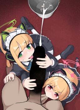 1boy 2girls animal_ear_headphones animal_ears apron black_dress black_footwear blonde_hair blue_archive blush bucket censored clothed_female_nude_male cum cum_bucket cum_in_container dress ejaculation fake_animal_ears fellatio from_above green_eyes green_halo halo headphones highres licking licking_penis long_sleeves maid maid_apron maid_headdress midori_(blue_archive) midori_(maid)_(blue_archive) momoi_(blue_archive) momoi_(maid)_(blue_archive) multiple_girls nude numb._(namusan001) official_alternate_costume oral penis penis_grab pink_halo pov short_hair siblings sisters sweat tail testicle_sucking tongue tongue_out twins white_apron