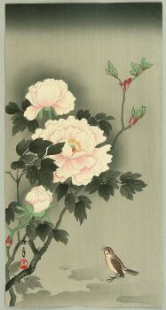 bird fine_art fine_art_parody flower flower_focus flower_request grey_background highres imao_keinen leaf nihonga no_humans original parody pink_flower plant_request sparrow traditional_media ukiyo-e