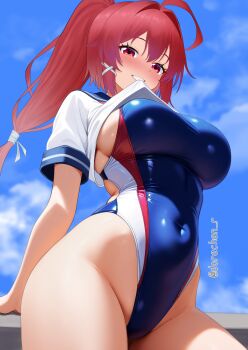 1girl ahoge blue_one-piece_swimsuit blush breasts competition_swimsuit day dorachan_r hair_ornament hair_ribbon highres i-168_(kancolle) indoors kantai_collection large_breasts lifting_own_clothes long_hair looking_at_viewer one-piece_swimsuit pink_hair ponytail red_eyes red_hair ribbon school_uniform serafuku sitting smile solo swimsuit swimsuit_under_clothes