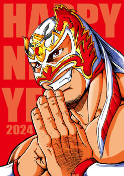 1boy 2024 chinese_zodiac dragon_lee fist_in_hand hozun1985 luchador_mask male_focus mask muscular muscular_male red_background red_eyes smile wrestler wwe year_of_the_dragon