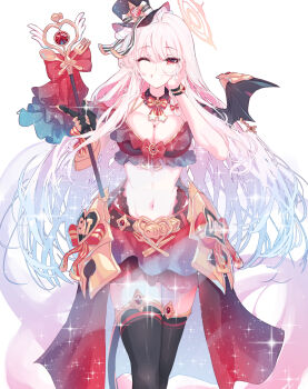 1girl alternate_costume bikini bikini_top_only black_gloves black_hat black_thighhighs blue_archive breasts cleavage demon_girl demon_tail demon_wings gloves grin hair_between_eyes halo hand_on_own_face haruna_(blue_archive) hat highres holding holding_staff large_breasts long_hair looking_at_viewer magical_girl one_eye_closed pink_halo red_bikini red_eyes red_skirt single_wing skirt smile solo staff sunnysideup swimsuit tail thighhighs white_hair wings