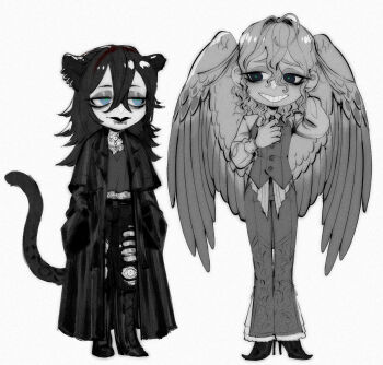 2boys absurdres ahoge animal_ear_piercing animal_ears bird_boy bird_wings black_eyes black_hair blackberreh-art blue_eyes boots coat commentary curly_hair deformed design_speculation earrings english_commentary eye_tattoo eyelashes eyeshadow face_piercing feathered_wings fishnet_top fishnets gerard_keay goth_fashion green_pupils grin hair_intakes heron_boy high_heels highres jewelry lips long_hair long_sleeves makeup male_focus michael_shelley multiple_boys neck_tattoo panther_boy panther_ears panther_tail pants piercing shirt smile snakebite_(piercing) tail tattoo the_magnus_archives torn_clothes torn_pants vest wings