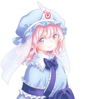 1girl blue_kimono bow bowtie closed_mouth frills hair_between_eyes hat highres japanese_clothes kimono long_sleeves looking_at_viewer medium_hair mob_cap pink_eyes pink_hair purple_bow purple_bowtie s-a-murai saigyouji_yuyuko smile solo touhou triangular_headpiece upper_body veil wavy_hair white_background