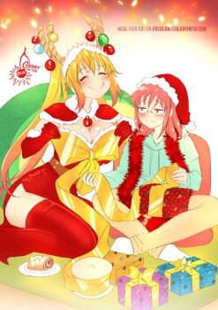 Rule 34 | 2girls, artist name, blonde hair, blush, box, breasts, cherry in the sun, christmas, cleavage, closed eyes, closed mouth, commentary, dragon girl, dragon horns, dragon tail, dress, elbow gloves, english commentary, full body, gift, gift box, glasses, gloves, hat, horns, kobayashi-san chi no maidragon, kobayashi (maidragon), large breasts, long hair, looking at another, multiple girls, red dress, red gloves, red hair, santa hat, signature, smile, tail, tohru (maidragon), watermark, web address, yuri