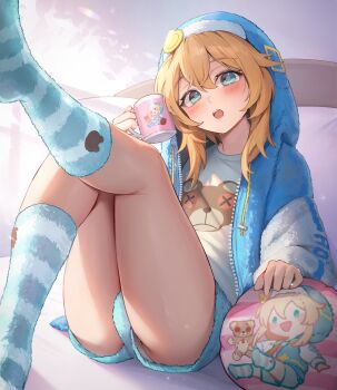 1boy absurdres adapted_costume animal_print bear_print bed_sheet blonde_hair blue_eyes blue_hoodie blue_shorts blue_socks blush bridget_(guilty_gear) commentary_request cup guilty_gear guilty_gear_strive hakusyokuto highres holding holding_cup hood hoodie knee_up kneehighs leg_up looking_at_viewer loungewear male_focus mug on_bed open_mouth paid_reward_available panties panty_peek print_shirt shirt short_shorts shorts sitting socks solo thighs trap underwear white_panties white_shirt