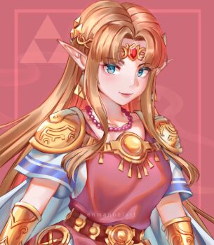 1girl armor artist_name bead_necklace beads belt blonde_hair blue_eyes blush bracelet breasts brown_belt cloak closed_mouth collarbone commentary crown earrings english_commentary enma_(enmanuelart) eyelashes forehead_jewel gem gold_trim highres jewelry lips looking_at_viewer medium_breasts necklace nintendo nose pink_background pink_shirt pointy_ears princess_zelda red_gemstone shirt short_sleeves shoulder_armor sidelocks smile solo super_smash_bros. the_legend_of_zelda the_legend_of_zelda:_a_link_between_worlds triangle_earrings upper_body watermark white_cloak white_shirt