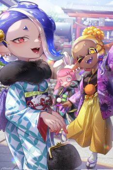 3girls ;d animal_ears animal_hat animal_print architecture arm_up asymmetrical_bangs asymmetrical_hair bag black_bag black_kimono blonde_hair blue_hair blunt_bangs blurry blurry_background blush cat chinese_zodiac clownfish colored_eyelashes colored_tongue commentary_request dark-skinned_female dark_skin day drooling earrings east_asian_architecture eyelashes eyes_visible_through_hair fake_animal_ears fangs fish food food_on_head frye_(splatoon) fur-trimmed_kimono fur_trim gradient_hair green_eyes green_sash hair_ornament hair_over_one_eye hakama hakama_pants hand_up handbag haori haori_himo harmony&#039;s_clownfish_(splatoon) harmony_(splatoon) hat highres holding holding_bag inkling iria_(yumeirokingyo) jacket japanese_clothes jewelry judd_(splatoon) kimono li&#039;l_judd_(splatoon) light_particles long_hair long_sleeves looking_at_viewer multicolored_hair multiple_earrings multiple_girls new_year nintendo obi obiage obijime object_on_head octoling okobo one_eye_closed open_clothes open_jacket open_mouth outdoors pants parted_bangs pink_hair platform_sandals pointy_ears pom_pom_(clothes) print_kimono print_sash purple_hair purple_jacket purple_sash purple_tongue rabbit_ears rabbit_print red_eyes rope sandals sash sharp_teeth shide shippou_(pattern) shiver_(splatoon) short_eyebrows short_hair signature sky sleeves_past_fingers sleeves_past_wrists smile snowing socks splatoon_(series) splatoon_3 splatter_print standing star-shaped_pupils star_(symbol) symbol-shaped_pupils tabi teeth tempura tentacle_hair tongue torii tree tropical_fish tsurime two-tone_kimono white_headwear white_socks wide_sleeves year_of_the_rabbit yellow_eyes yellow_pants