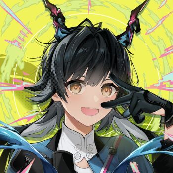 Rule 34 | 1girl, :d, absurdres, arknights, arknights: endfield, black gloves, black hair, blue dress, blue horns, chen qianyu (arknights), close-up, commentary request, dragon horn, dragon horns, dress, eastern dragon horns, flower collar, gloves, highres, horns, long hair, looking at viewer, mandarin collar, multicolored horns, open mouth, orange eyes, purple horns, sasa kurumi, smile, solo, teeth, two-tone horns, upper body, upper teeth only, v, v over eye, yellow background