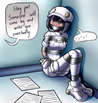 1girl aether_foundation aether_foundation_employee aether_foundation_employee_(female) arms_behind_back bdsm blush bondage bound bound_ankles bound_legs breast_bondage breasts brown_eyes newsboy_cap dark-skinned_female dark_skin gag gagged hat highres improvised_gag magnolia-baillon nintendo pokemon pokemon_sm shirt shoes sweat tape tape_bondage tape_gag white_legwear white_shirt