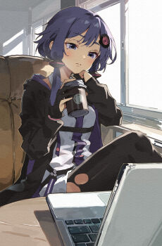 1girl black_gloves black_jacket black_thighhighs closed_mouth commentary_request computer cup disposable_coffee_cup disposable_cup dress gloves hair_ornament highres holding holding_cup hood hood_down hooded_jacket indoors jacket lamb_(hitsujiniku) laptop long_hair long_sleeves necktie open_clothes open_jacket partially_fingerless_gloves puffy_long_sleeves puffy_sleeves purple_eyes purple_hair purple_necktie solo sunlight thighhighs torn_clothes torn_thighhighs vocaloid voiceroid white_dress window yuzuki_yukari