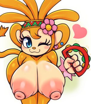 1girl ;3 amiga ass bare_shoulders blue_eyes body_blush breasts brown_hair cleavage colored_skin earrings flower flower_on_head hair_ornament heart highres huge_breasts jewelry large_areolae leaning_forward mato_spectoru monkey monkey_girl monkey_tail nipples nude one_eye_closed samba_de_amigo sega shiny_skin smile sonic_(series) tail wink