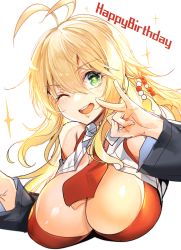 1girl ;d absurdres ahoge ajishio antenna_hair blonde_hair blush breasts cleavage green_eyes hair_between_eyes hair_ornament highres large_breasts long_hair looking_at_viewer one_eye_closed open_mouth smile solo star-shaped_pupils star_(symbol) symbol-shaped_pupils tsurumaki_maki voiceroid