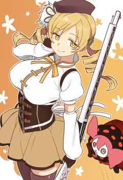 1girl absurdres blonde_hair breasts brown_thighhighs charlotte_(madoka_magica) detached_sleeves drill_hair ebora fingerless_gloves gloves gun hat highres holding holding_gun holding_weapon large_breasts looking_at_viewer magical_girl mahou_shoujo_madoka_magica mahou_shoujo_madoka_magica_(anime) skirt smile solo thighhighs tomoe_mami tomoe_mami_(magical_girl) twin_drills weapon yellow_eyes yellow_skirt zettai_ryouiki