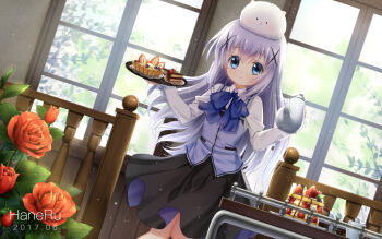 1girl angora_rabbit animal animal_on_head artist_name bad_id bad_pixiv_id black_hair black_legwear blue_bow blue_eyes blue_vest blush bow cake cake_slice coffee_pot commentary_request day dutch_angle flower food fruit gochuumon_wa_usagi_desu_ka? hair_between_eyes hair_ornament haneru holding holding_tray indoors kafuu_chino long_hair long_sleeves looking_at_viewer on_head parted_lips purple_hair rabbit rabbit_house_uniform red_flower red_rose rose shirt sidelocks strawberry sunlight tippy_(gochiusa) tray very_long_hair vest waitress white_shirt window x_hair_ornament