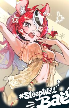 1girl ahoge animal_ear_fluff animal_ears arm_up babydoll black_hair black_streaks blue_eyes braid breasts cleavage_cutout clothing_cutout commentary double-parted_bangs english_text food fruit hair_between_eyes hakos_baelz hakos_baelz_(strawberry_onesie) hashtag highres hololive hololive_english linea_alba medium_breasts midriff mouse_ears mouse_tail multicolored_hair mw_01m navel one_eye_closed pink_babydoll red_hair sharp_teeth squeans strap_slip strawberry stretching tail teeth tongue twitter_username virtual_youtuber white_hair yawning