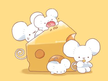 Rule 34 | animal focus, cheese, commentary request, eating, food, food focus, holding, kana (maple926), maushold, maushold (family of four), mouse (animal), nintendo, no humans, open mouth, pokemon, pokemon (creature), pokemon focus, sitting, sweat, twitter username, yellow background