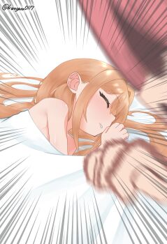 2girls absurdres artist_name blanket closed_eyes commentary completely_nude emphasis_lines hair_intakes hair_spread_out hanazono_hakari highres implied_after_sex inda_karane kangara0117 kimi_no_koto_ga_dai_dai_dai_dai_daisuki_na_100-nin_no_kanojo long_hair lying multiple_girls nude on_side orange_hair pink_hair sleeping surprised twitter_username under_covers yuri