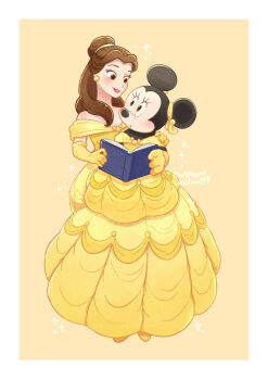 2girls absurdres beauty_and_the_beast_(disney) belle_(disney) belle_(disney)_(cosplay) book brown_eyes brown_hair commentary_request company_connection cosplay dress earrings elbow_gloves furry furry_female gloves hair_bun highres jewelry long_hair mickey_mouse_&amp;_friends minnie_mouse mouse_girl multiple_girls smile takatmaorange yellow_dress