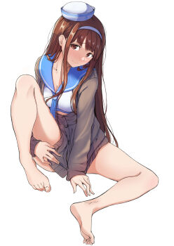 Rule 34 | 1girl, absurdres, barefoot, bikini, blue neckerchief, blue sailor collar, blush, breasts, brown cardigan, brown eyes, brown hair, cardigan, cleavage, closed mouth, commentary request, feet, full body, hairband, hat, highres, idolmaster, idolmaster million live!, knee up, long hair, long sleeves, looking at viewer, neckerchief, otsumoon, sailor bikini, sailor collar, sailor hat, sailor swimsuit (idolmaster), simple background, sitting, smile, solo, swimsuit, tanaka kotoha, toes, white background, white bikini, white hairband, white hat
